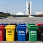 Unidade de saúde no DF com contêineres para gestão de resíduos hospitalares.