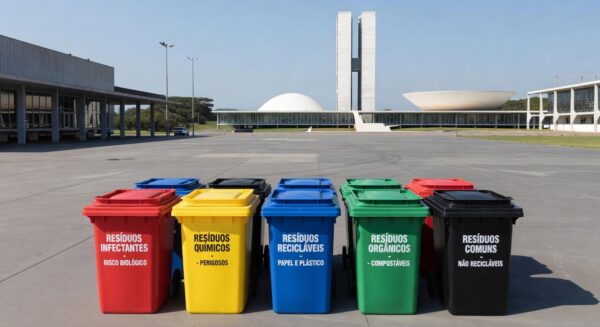 Unidade de saúde no DF com contêineres para gestão de resíduos hospitalares.