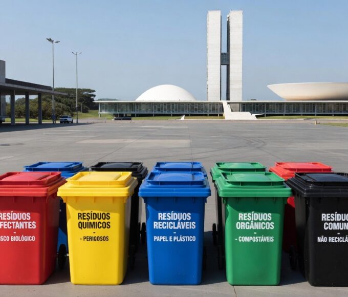 Unidade de saúde no DF com contêineres para gestão de resíduos hospitalares.