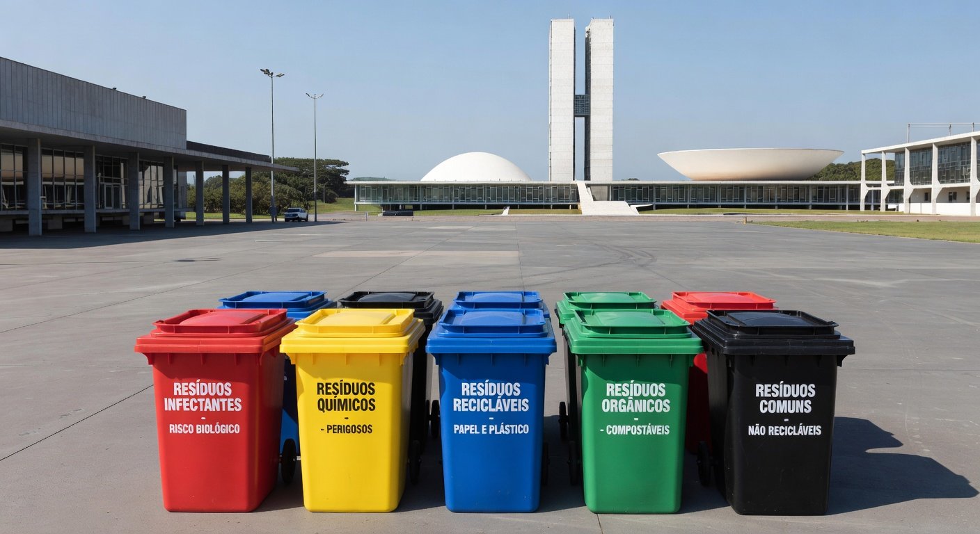 Unidade de saúde no DF com contêineres para gestão de resíduos hospitalares.