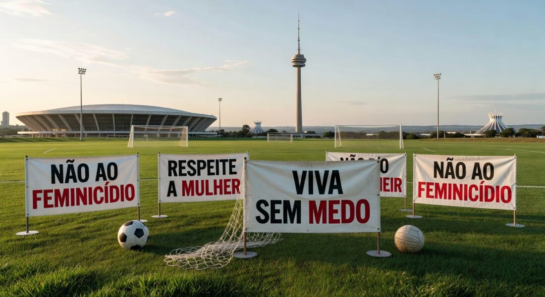 Estádio em Brasília com banners de evento esportivo contra feminicídio no DF.