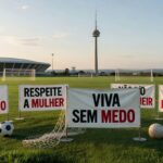 Estádio em Brasília com banners de evento esportivo contra feminicídio no DF.