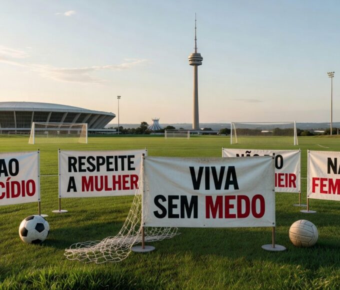 Estádio em Brasília com banners de evento esportivo contra feminicídio no DF.