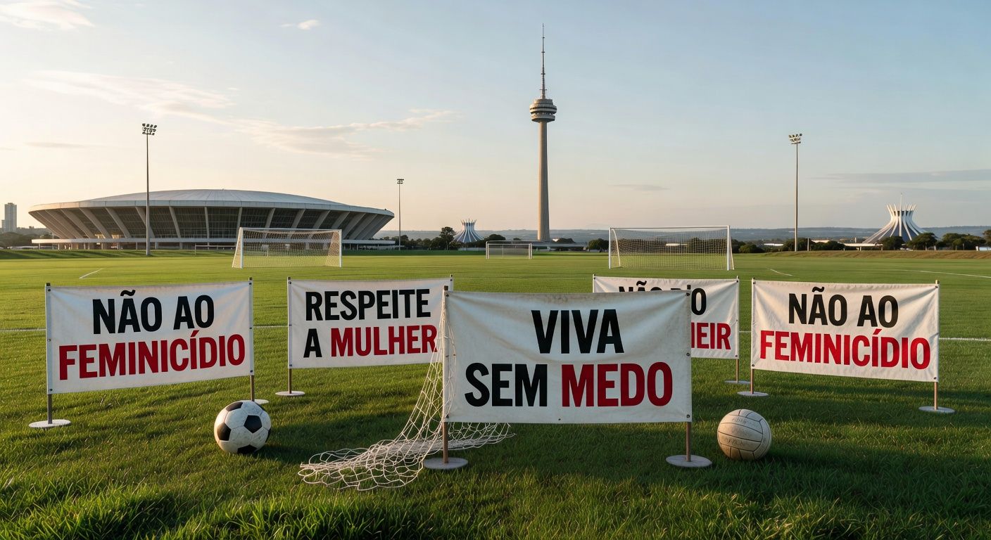 Estádio em Brasília com banners de evento esportivo contra feminicídio no DF.