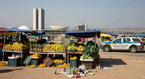 Viatura da Polícia Militar em feira no Distrito Federal após incidente com briga e spray de gás.