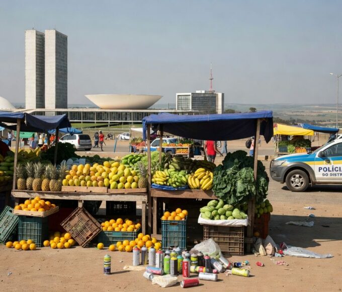 Viatura da Polícia Militar em feira no Distrito Federal após incidente com briga e spray de gás.