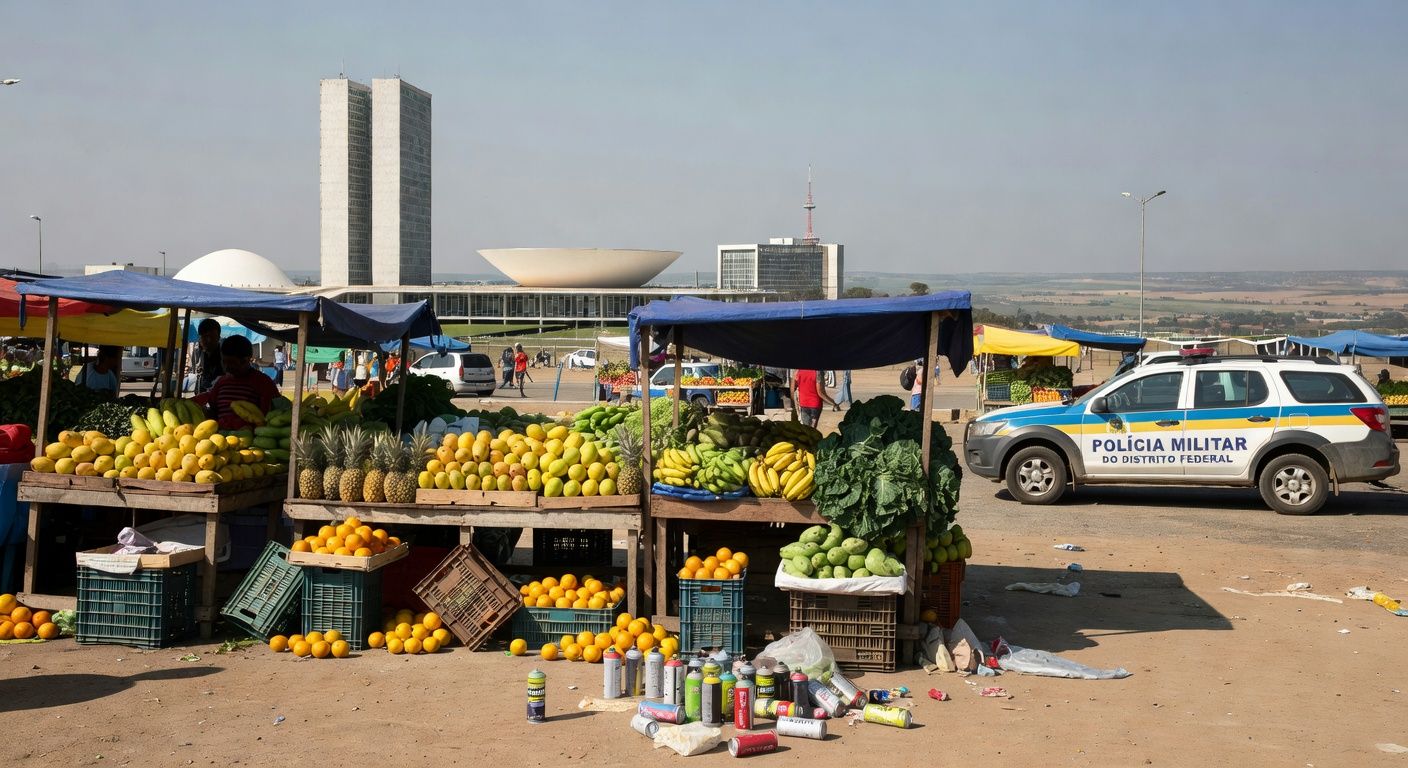 Viatura da Polícia Militar em feira no Distrito Federal após incidente com briga e spray de gás.