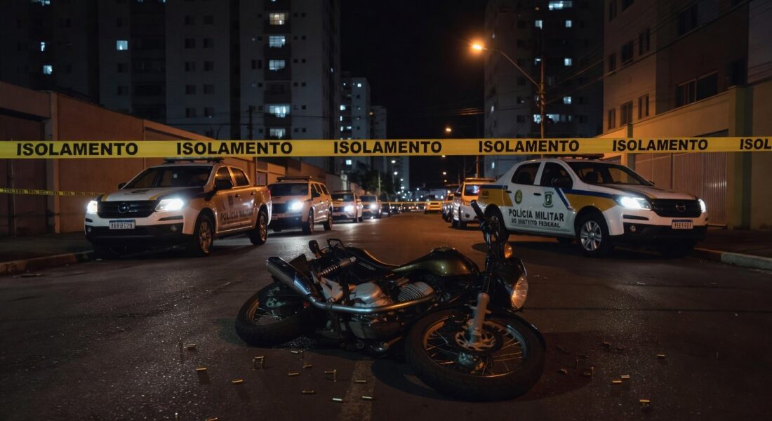 Cena de crime em rua de Taguatinga com viatura policial, fita de isolamento e motocicleta caída, representando duplo homicídio.