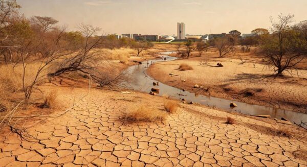 Paisagem degradada no Cerrado com nascentes secas, destacando perda ambiental no Brasil.