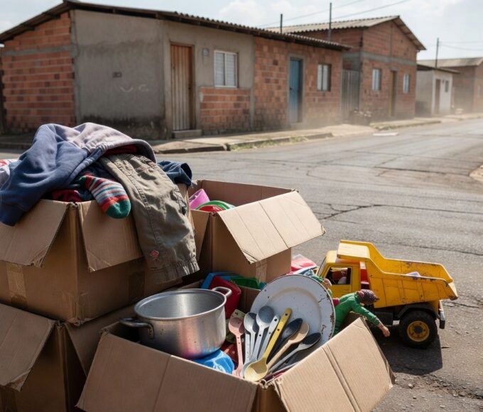Caixas de doações para campanha Casa que Abraça do TJDFT, ajudando famílias realocadas em Ceilândia.