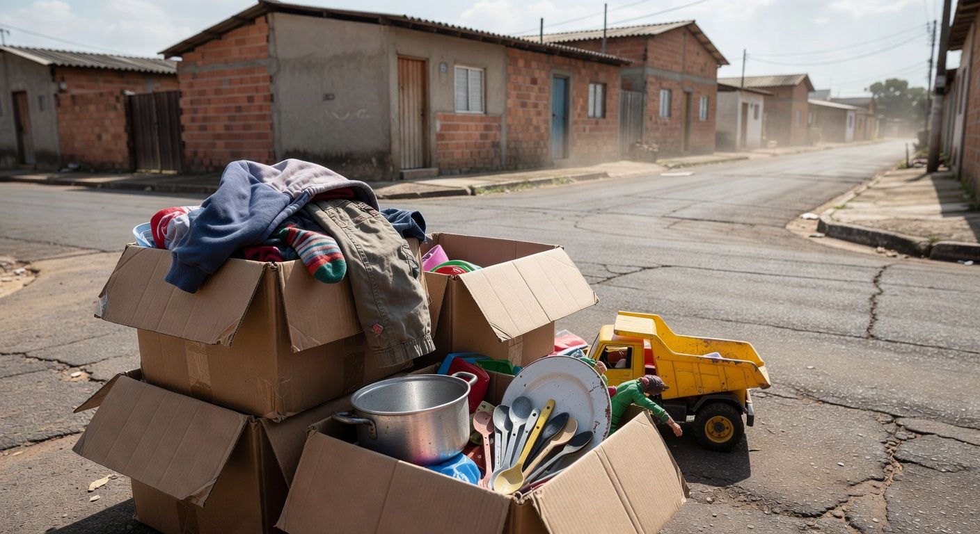 Caixas de doações para campanha Casa que Abraça do TJDFT, ajudando famílias realocadas em Ceilândia.