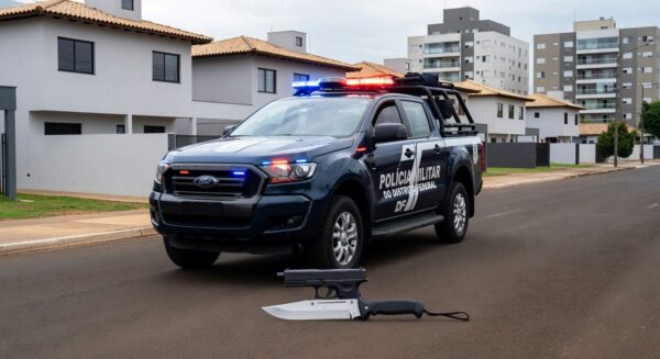 Viatura da PMDF em rua de Vicente Pires com simulacro de arma e faca no chão, cena de detenção policial no Distrito Federal.