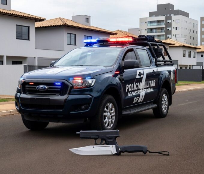 Viatura da PMDF em rua de Vicente Pires com simulacro de arma e faca no chão, cena de detenção policial no Distrito Federal.