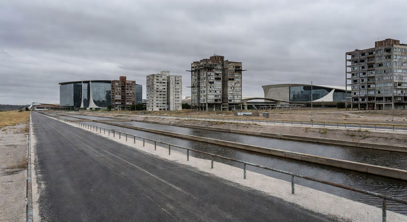 Obra hídrica tardia no Lago Sul, DF, com reservatórios e tubulações em paisagem urbana negligenciada.