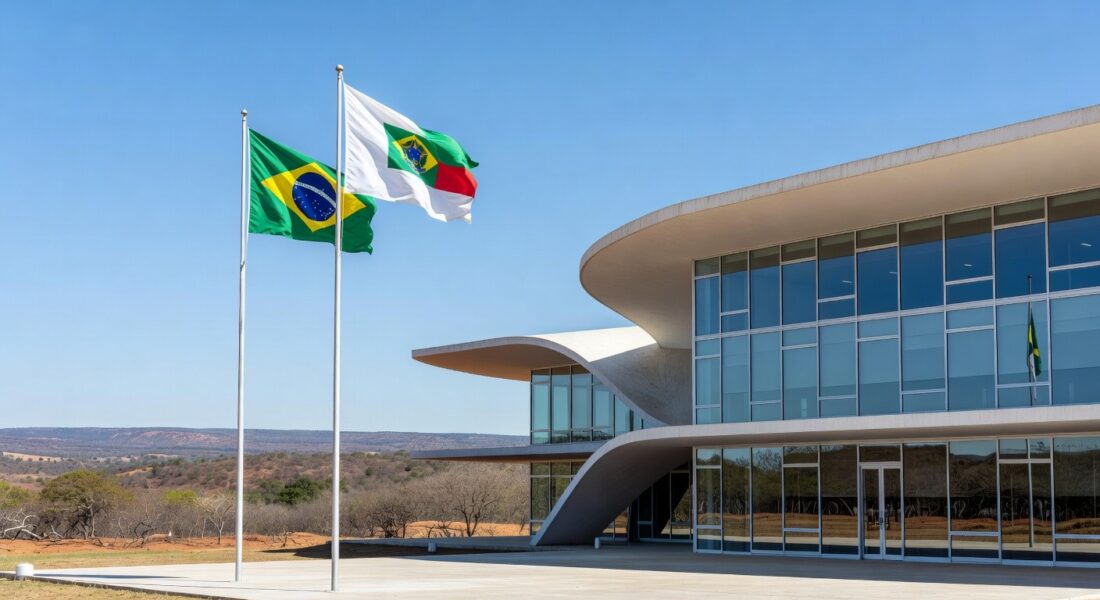 Edifício Marlon Tomazette inaugurado pela PGDF em Brasília, celebrando 65 anos, com arquitetura moderna e bandeiras ao fundo.