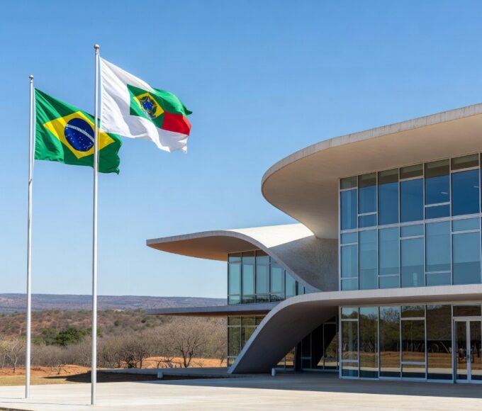 Edifício Marlon Tomazette inaugurado pela PGDF em Brasília, celebrando 65 anos, com arquitetura moderna e bandeiras ao fundo.