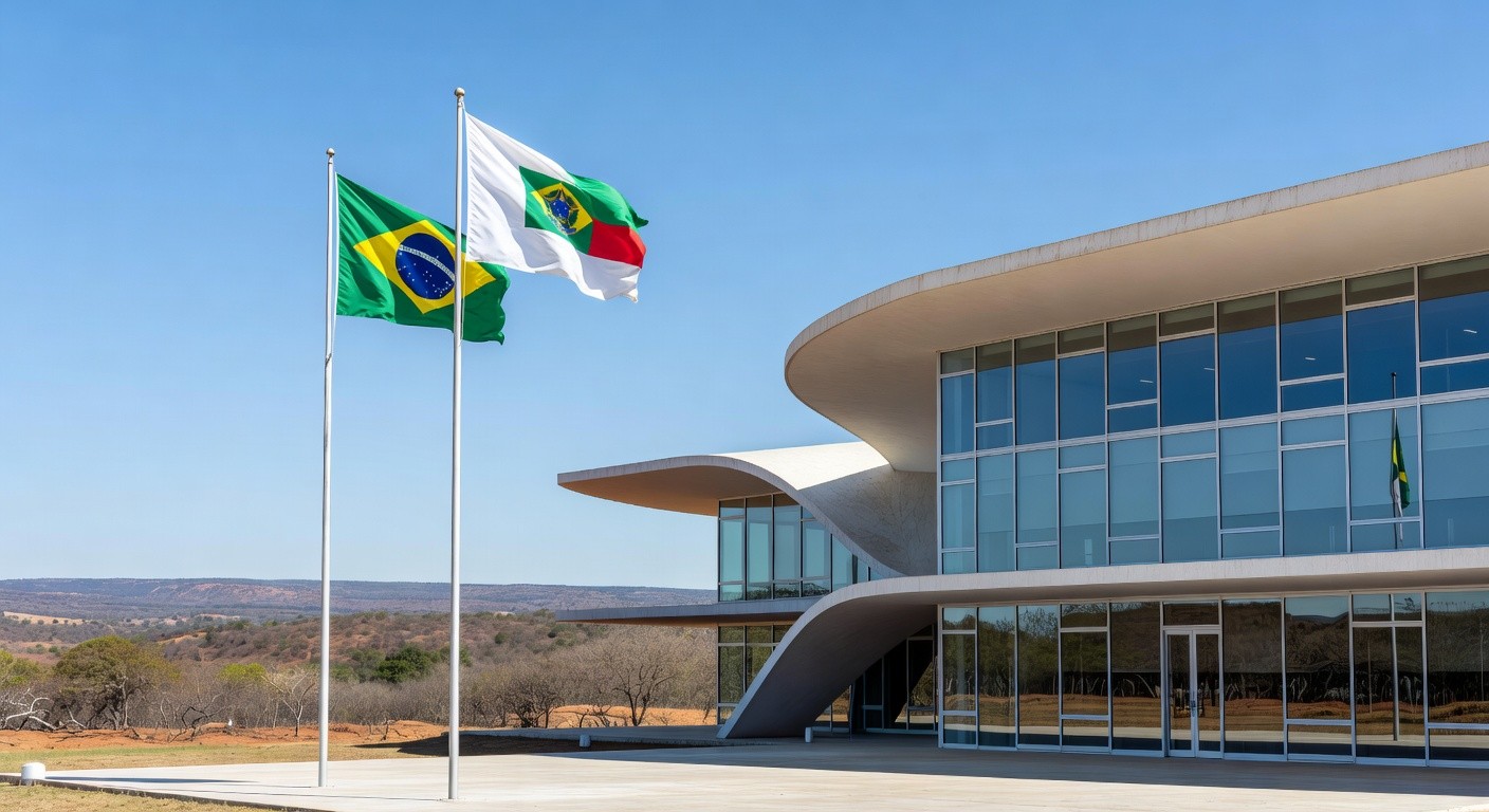 Edifício Marlon Tomazette inaugurado pela PGDF em Brasília, celebrando 65 anos, com arquitetura moderna e bandeiras ao fundo.