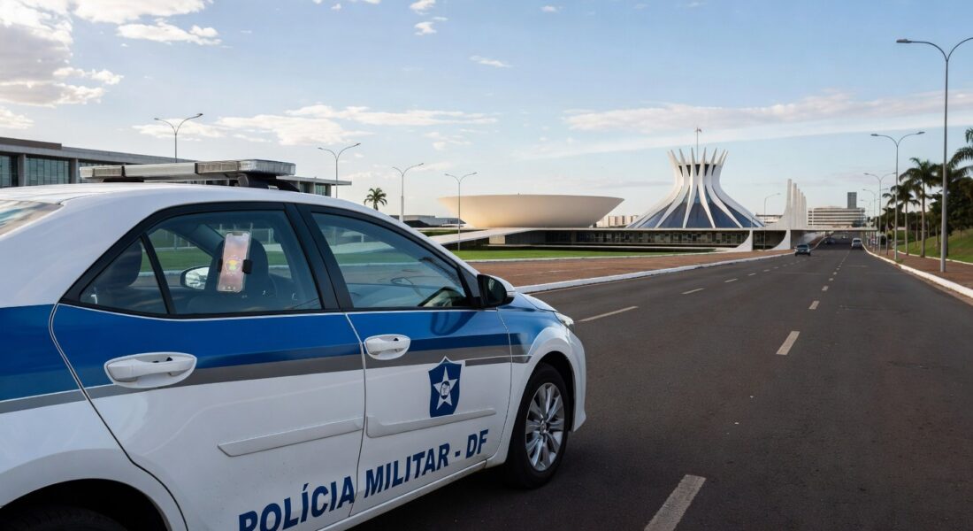 Viatura da PMDF em Brasília com smartphone no painel, ilustrando app Nexus para relatórios policiais.