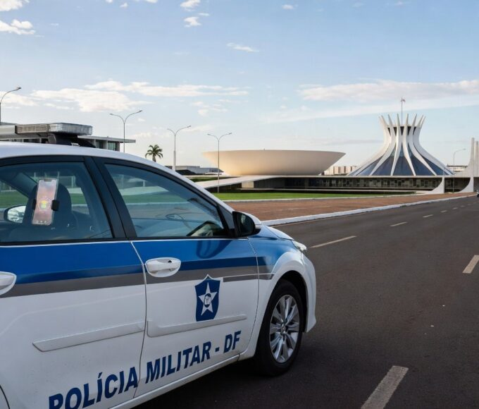 Viatura da PMDF em Brasília com smartphone no painel, ilustrando app Nexus para relatórios policiais.