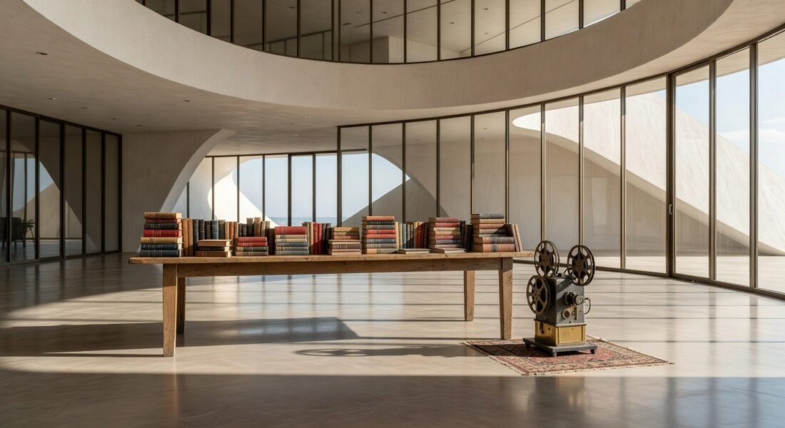 Sala da Justiça Federal no DF com livros e projetor de cinema, representando clube cultural.