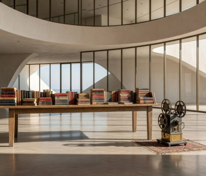 Sala da Justiça Federal no DF com livros e projetor de cinema, representando clube cultural.