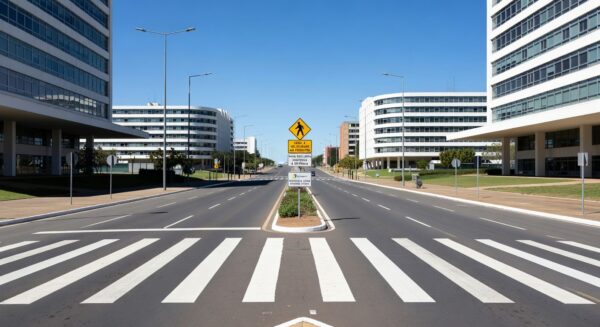 Faixa de pedestre em avenida de Brasília com sinalização educativa do Detran-DF, celebrando redução de atropelamentos.