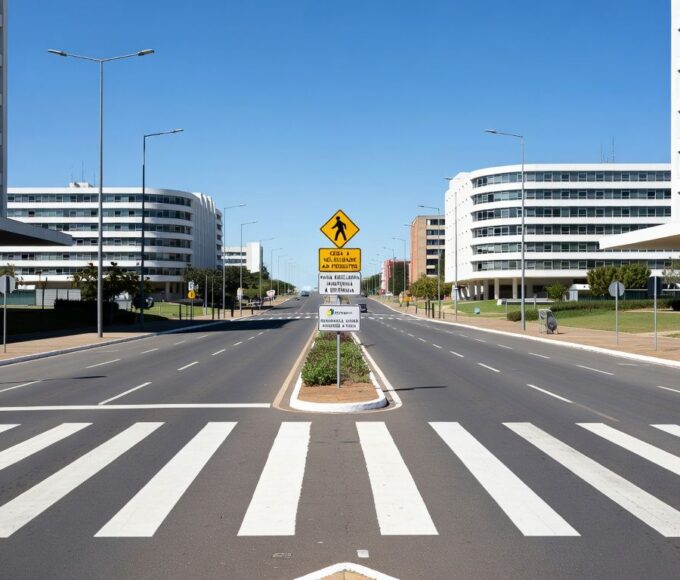 Faixa de pedestre em avenida de Brasília com sinalização educativa do Detran-DF, celebrando redução de atropelamentos.