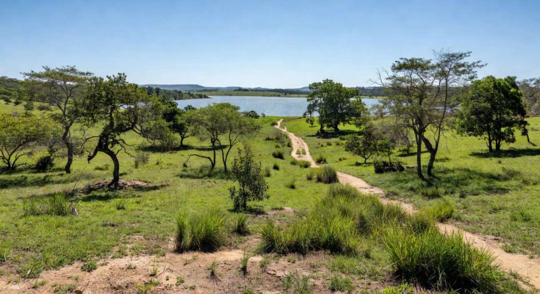 Paisagem natural da Serrinha do Paranoá em Brasília, com vegetação do Cerrado e vista para o lago, transformada em parque ambiental.