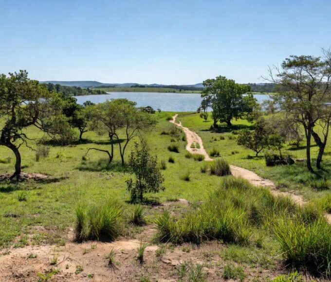 Paisagem natural da Serrinha do Paranoá em Brasília, com vegetação do Cerrado e vista para o lago, transformada em parque ambiental.