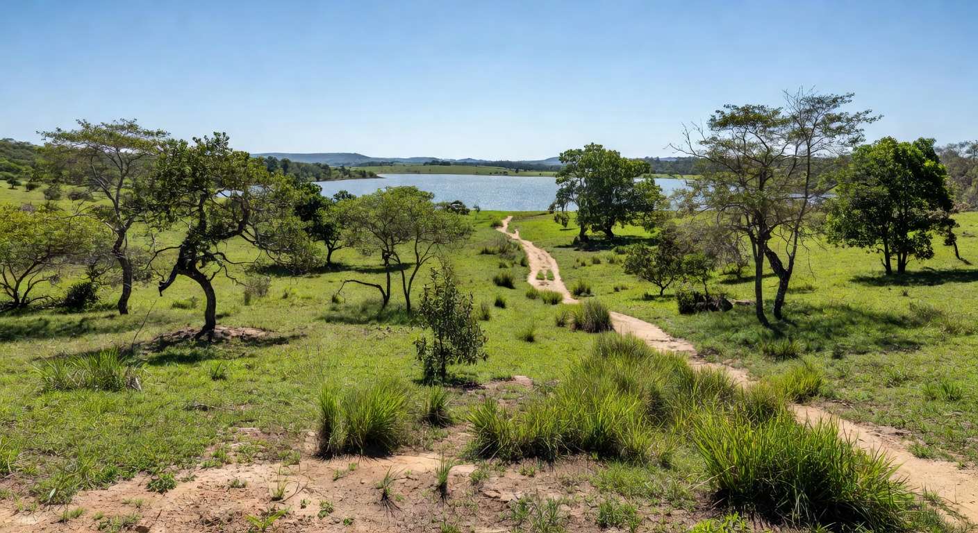 Paisagem natural da Serrinha do Paranoá em Brasília, com vegetação do Cerrado e vista para o lago, transformada em parque ambiental.