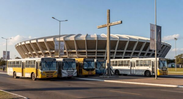 Ônibus gratuitos em Brasília para Via Sacra e Semana Santa, com Catedral ao fundo.