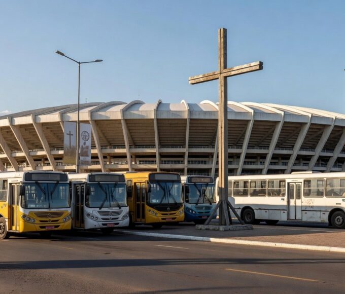 Ônibus gratuitos em Brasília para Via Sacra e Semana Santa, com Catedral ao fundo.
