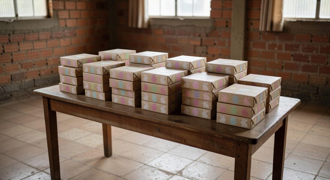 Pilhas de caixas de chocolate doadas para Páscoa a crianças vulneráveis em Brasília, parceria Jornal de Brasília e rede Dona.