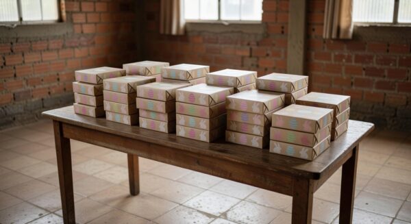 Pilhas de caixas de chocolate doadas para Páscoa a crianças vulneráveis em Brasília, parceria Jornal de Brasília e rede Dona.