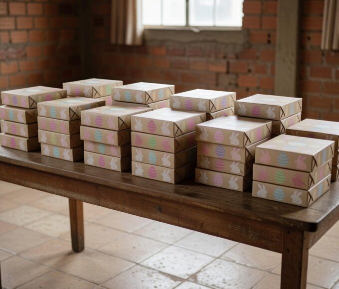 Pilhas de caixas de chocolate doadas para Páscoa a crianças vulneráveis em Brasília, parceria Jornal de Brasília e rede Dona.