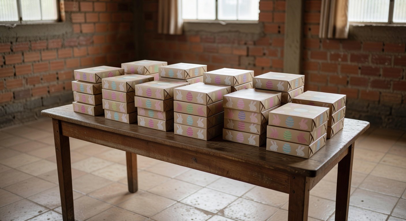 Pilhas de caixas de chocolate doadas para Páscoa a crianças vulneráveis em Brasília, parceria Jornal de Brasília e rede Dona.