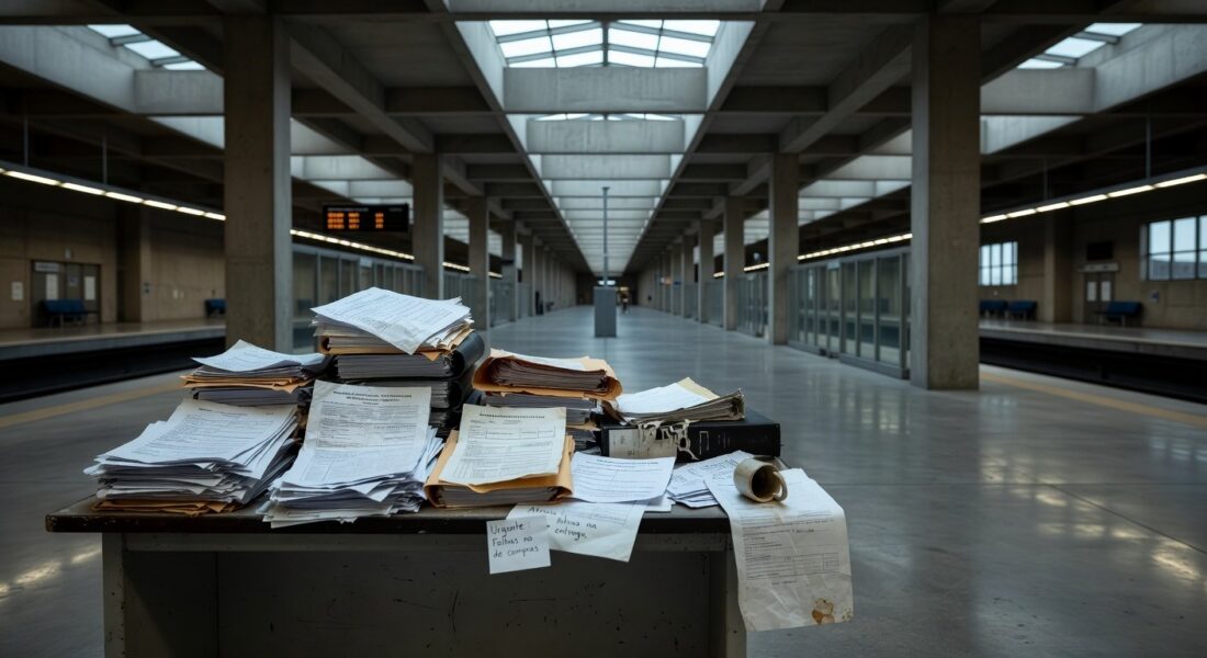 Estação de metrô vazia em Brasília, representando falhas crônicas em aquisições e riscos de atrasos no Metrô-DF.