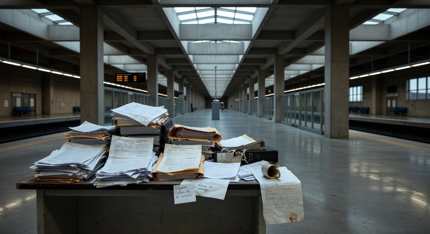 Estação de metrô vazia em Brasília, representando falhas crônicas em aquisições e riscos de atrasos no Metrô-DF.