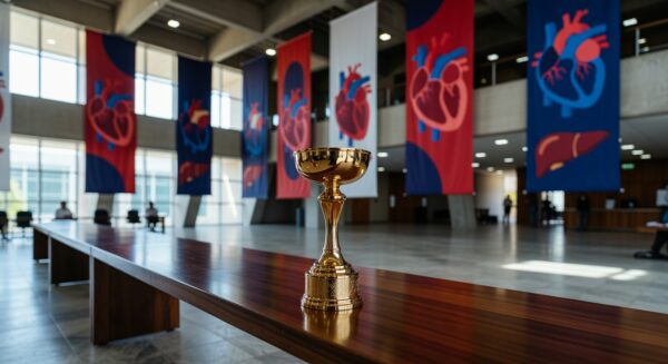 Troféu de prêmio ABTO para pesquisa da UnDF sobre doação de órgãos em auditório de Brasília.