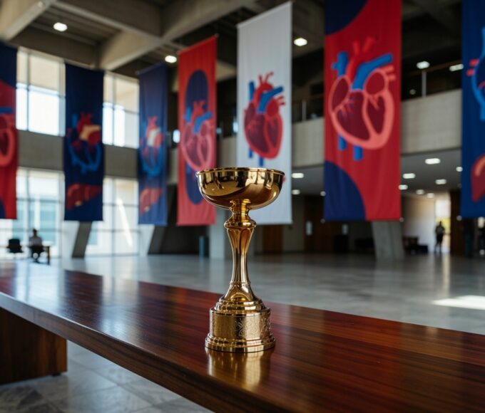 Troféu de prêmio ABTO para pesquisa da UnDF sobre doação de órgãos em auditório de Brasília.