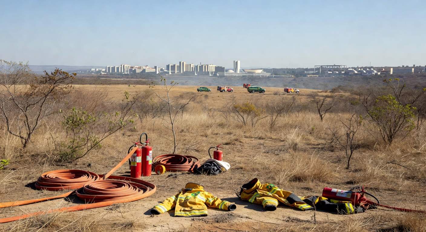 Equipamentos de brigadistas contra incêndios no Cerrado do DF, com veículos e ferramentas de combate.