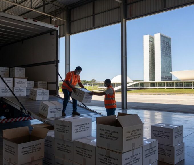 Caixas de vacinas contra Covid-19 chegando ao Distrito Federal enviadas pelo Ministério da Saúde.