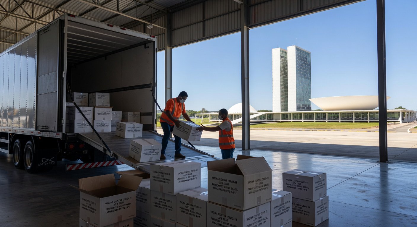 Caixas de vacinas contra Covid-19 chegando ao Distrito Federal enviadas pelo Ministério da Saúde.