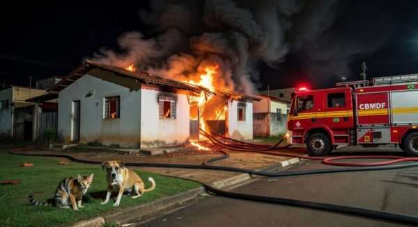 Caminhão de bombeiros em frente a residência na Candangolândia após controle de incêndio, com animais resgatados.