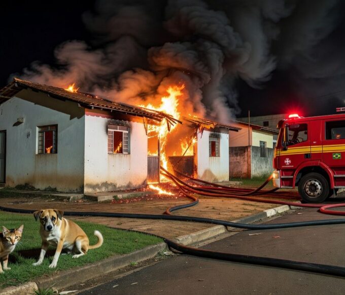 Caminhão de bombeiros em frente a residência na Candangolândia após controle de incêndio, com animais resgatados.