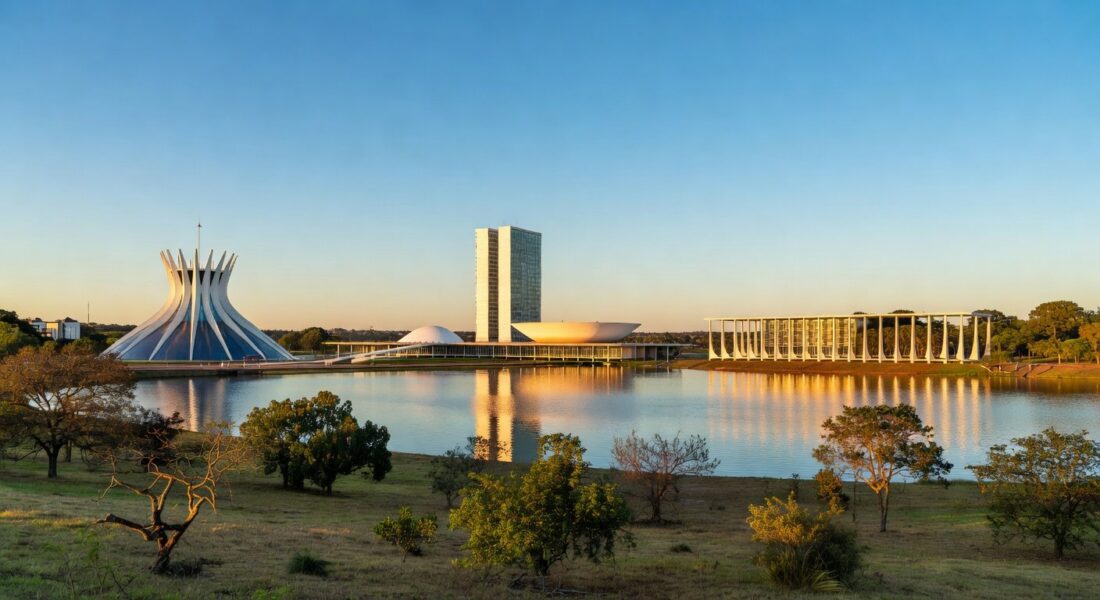 Vista panorâmica da Esplanada dos Ministérios em Brasília com elementos de inovação urbana sustentável.