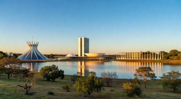Vista panorâmica da Esplanada dos Ministérios em Brasília com elementos de inovação urbana sustentável.
