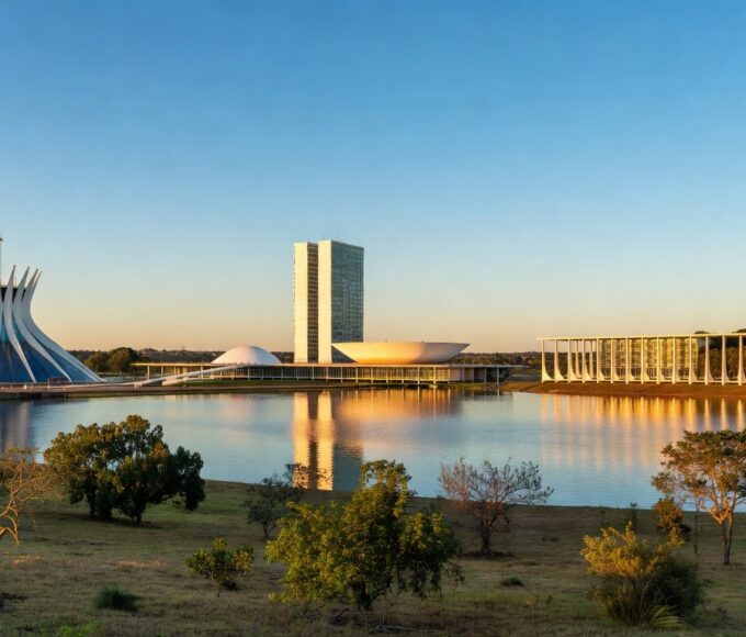Vista panorâmica da Esplanada dos Ministérios em Brasília com elementos de inovação urbana sustentável.