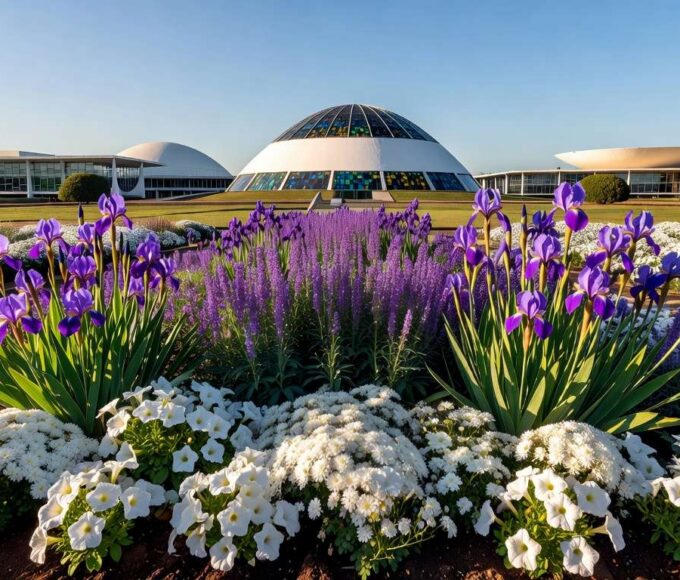 Jardim florido em Brasília representando o Programa Viva Flor, que zera feminicídios e protege mulheres no DF.