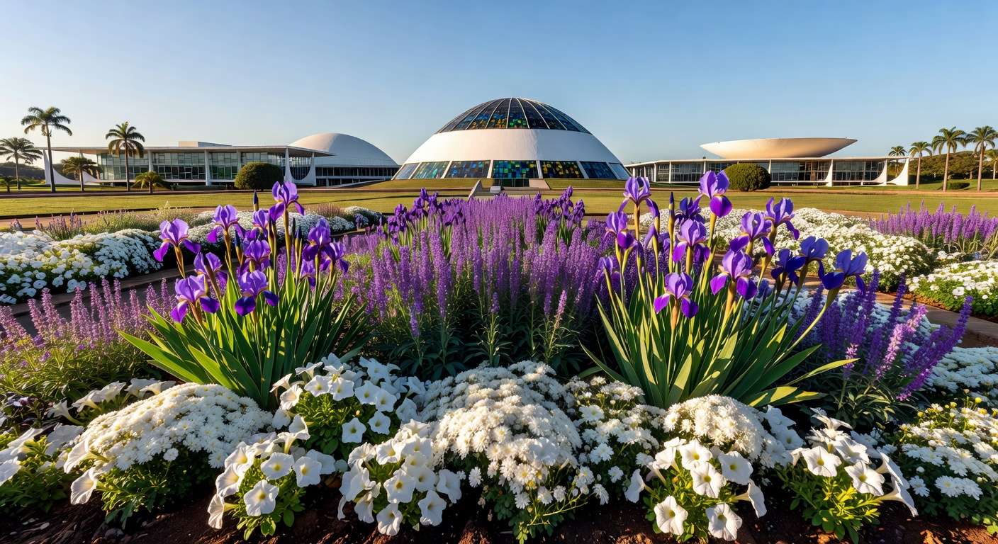 Jardim florido em Brasília representando o Programa Viva Flor, que zera feminicídios e protege mulheres no DF.